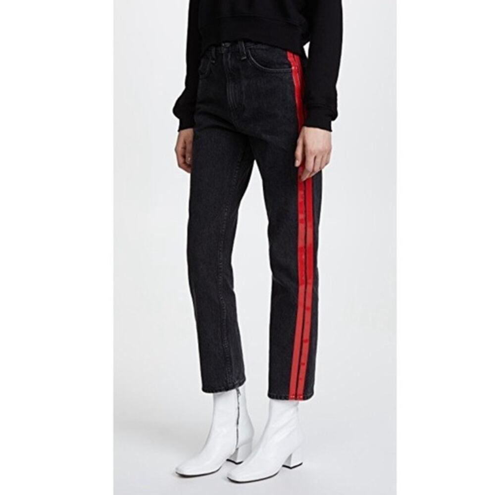 rag & bone Women's Jeans Size 23‎ Black Red Vinyl Side Striped High Waist Pants